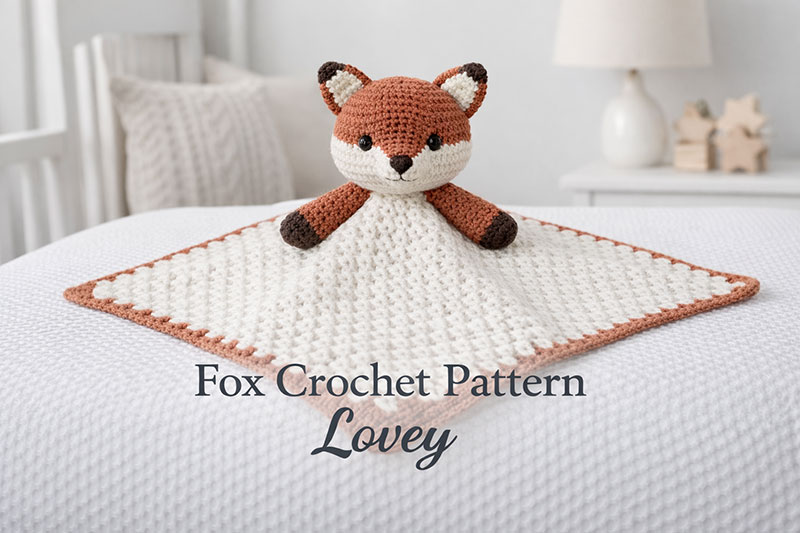 Fox crochet pattern made as a cute stuffed fox that can also be turned into a baby lovey blanket