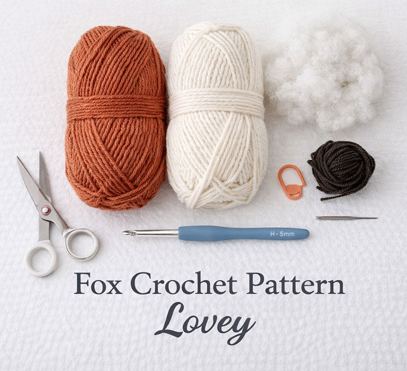 Crochet materials laid out including yarn skeins hook and tools for fox crochet pattern