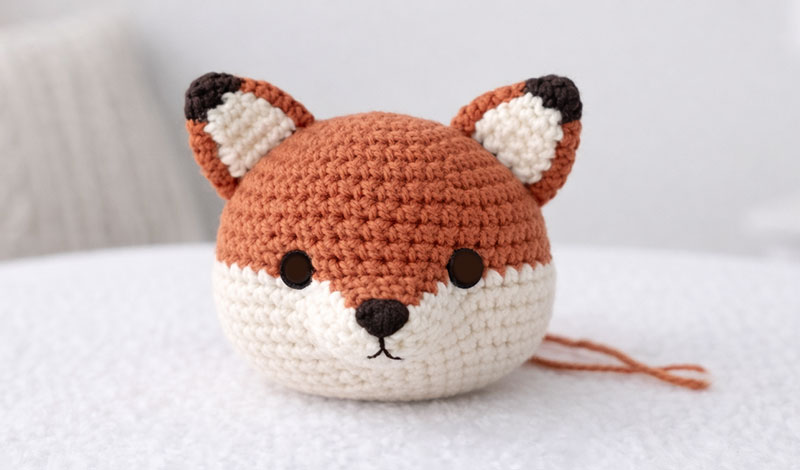 Fox crochet face detail placement showing embroidered eyes nose and muzzle positioning
