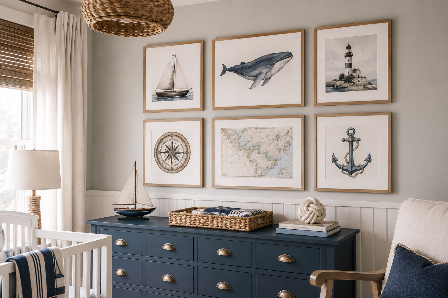 Framed nautical nursery wall art above a crib with coastal blue decor
