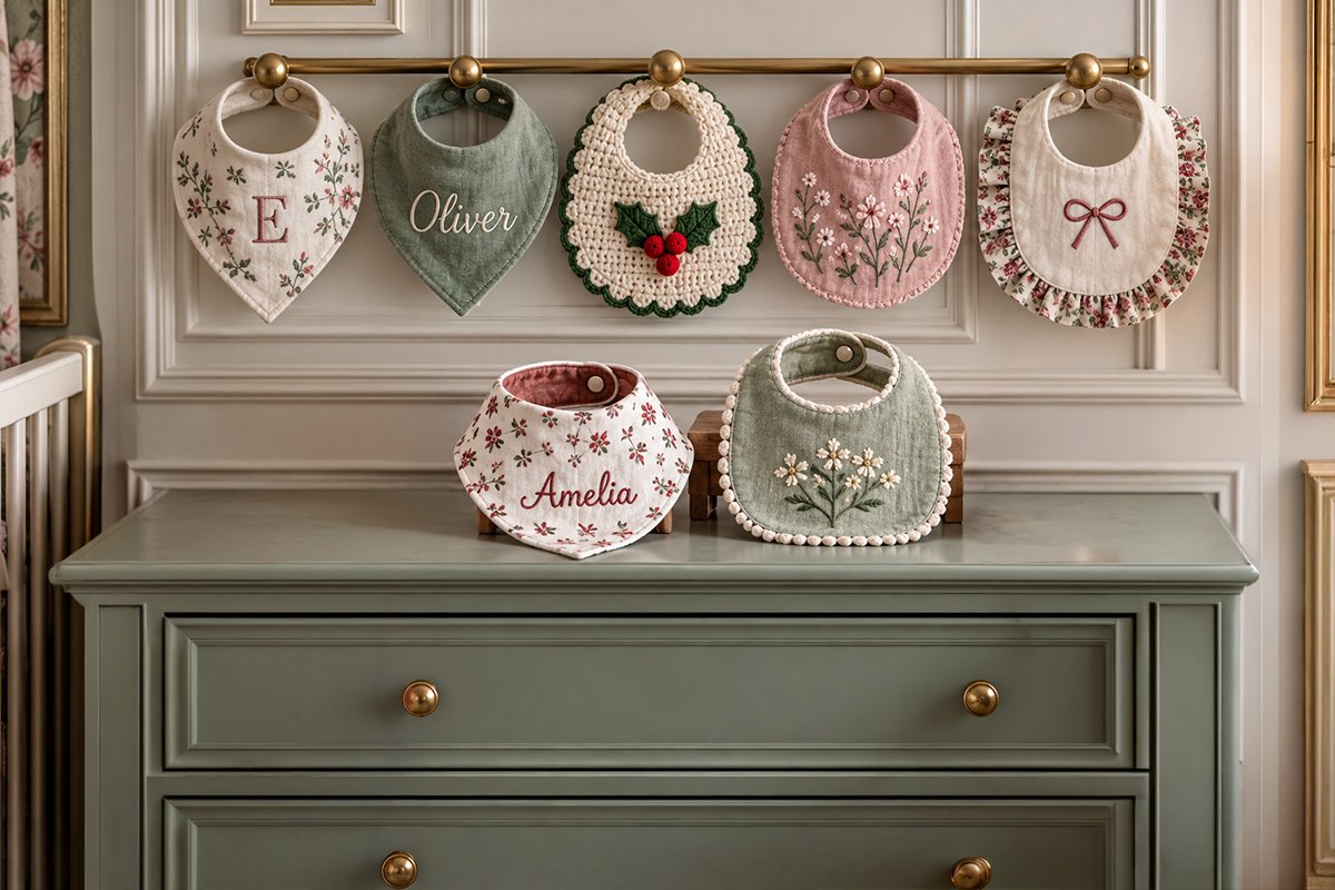 Free baby bib patterns including sewn bandana bibs, crochet bibs and decorated handmade baby bib ideas