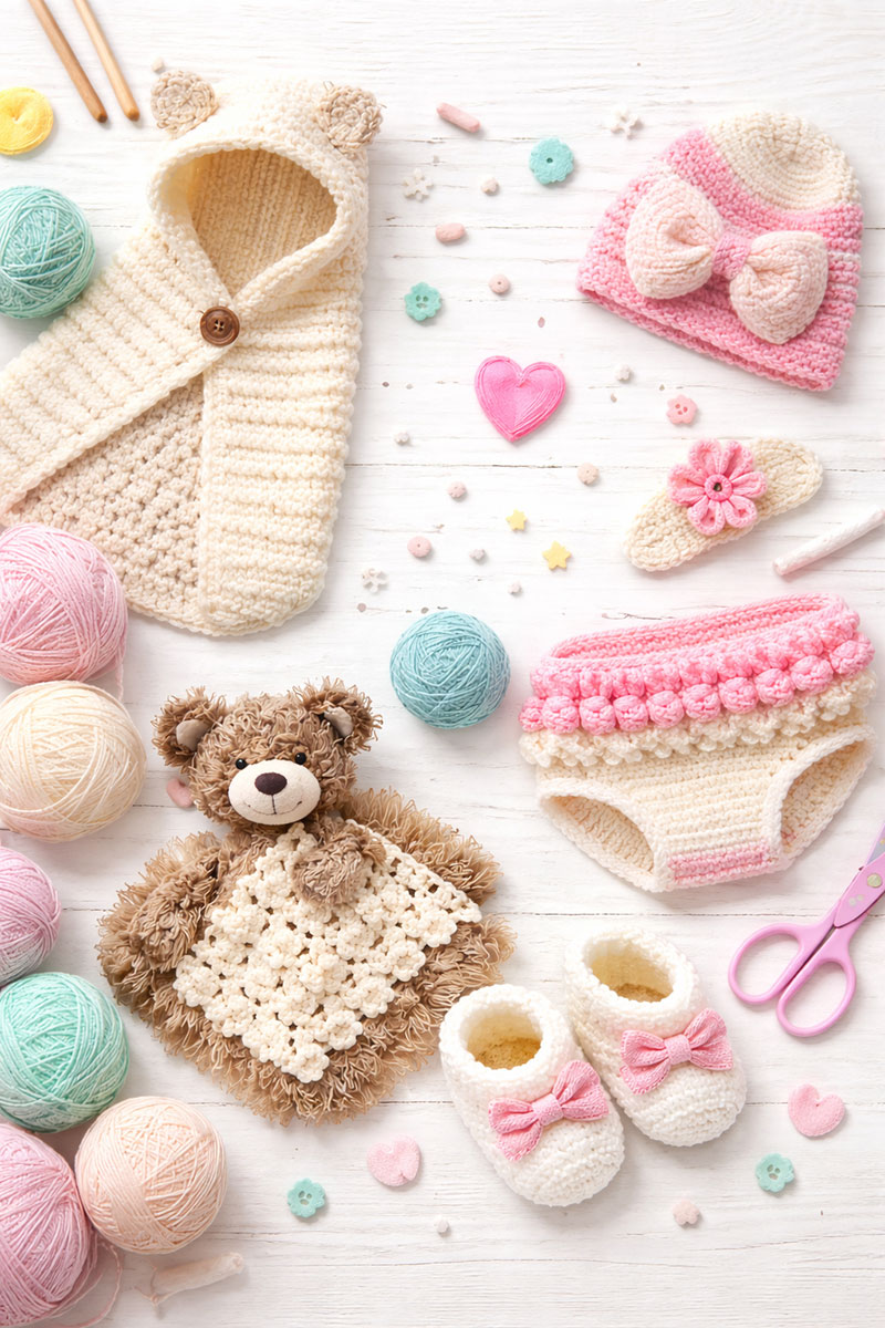 Collection of handmade baby crochet projects including blankets, booties, hats, and loveys