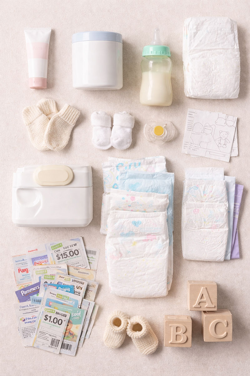 Assorted baby product samples, coupons, and everyday baby care items arranged neatly
