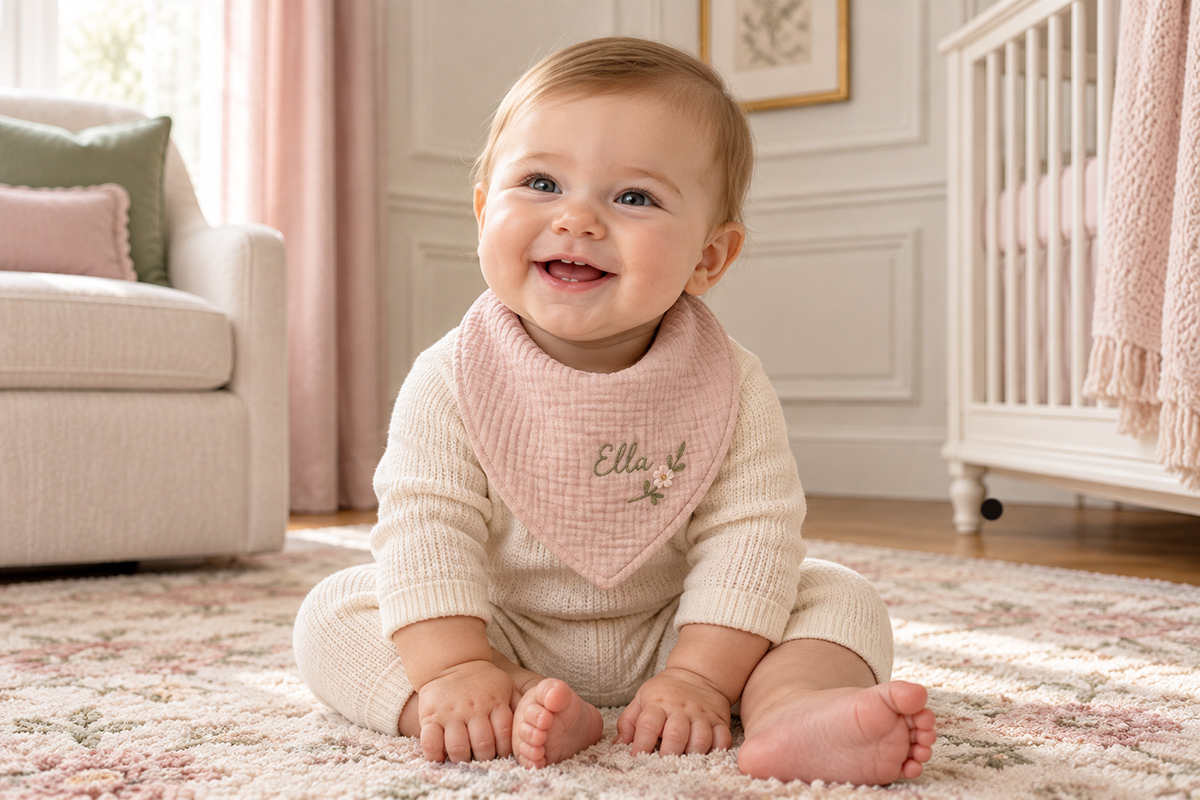 Three handmade baby bandana bibs showing the three sizes in soft cotton fabrics, including one with a small hand embroidered motif