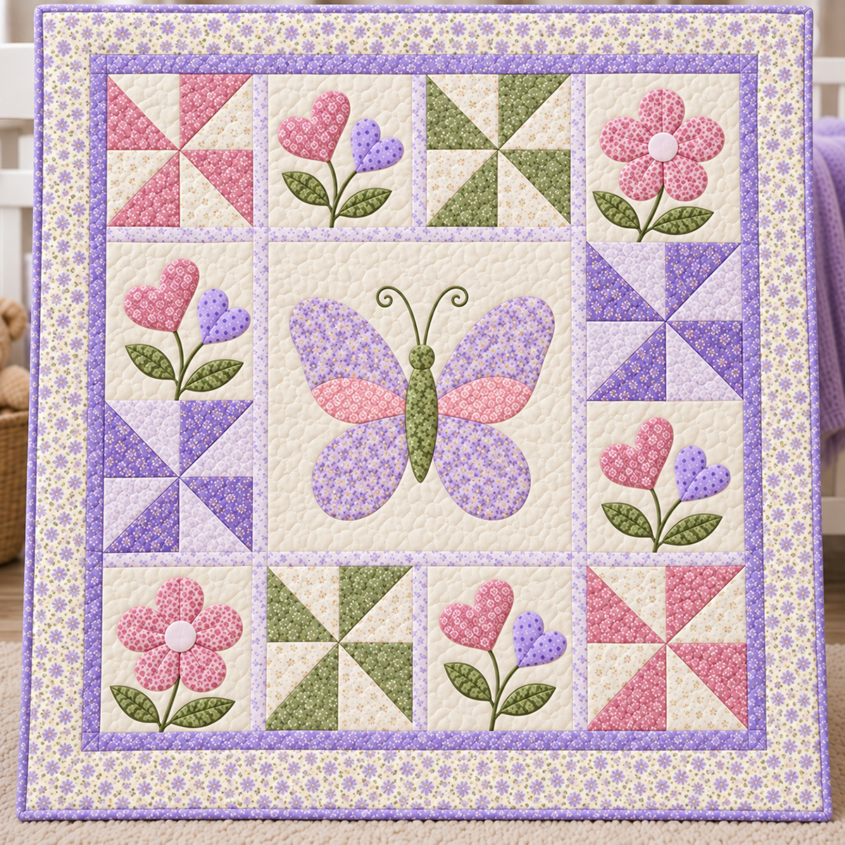 Free butterfly quilt pattern featuring the Blooming Hearts Butterfly Quilt with pastel appliqué flowers and pinwheel blocks