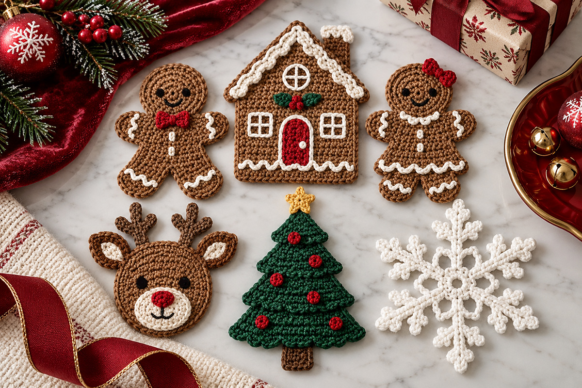 Free Christmas crochet applique patterns including gingerbread, reindeer, Christmas tree and snowflake designs