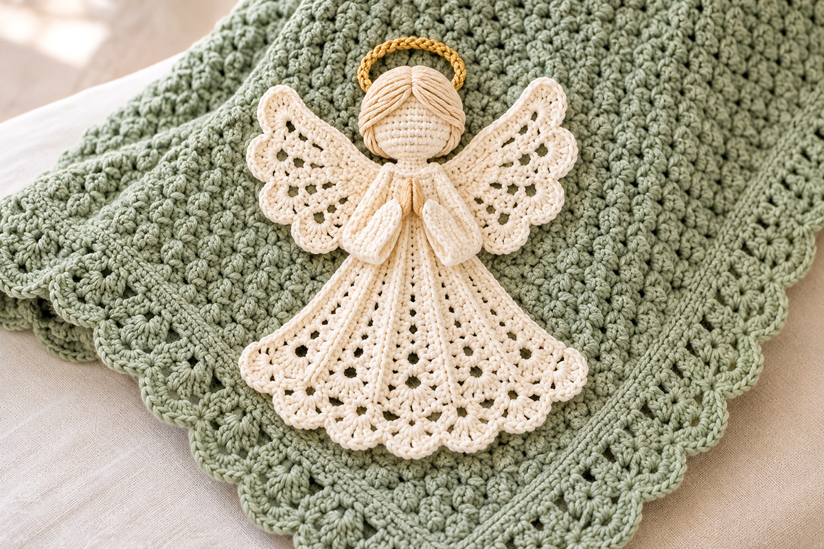 Traditional faceless ivory crochet angel applique with braided hair gold halo scalloped lace wings praying hands and flowing pleated gown displayed on a sage green crocheted baby blanket for a free crochet angel applique pattern
