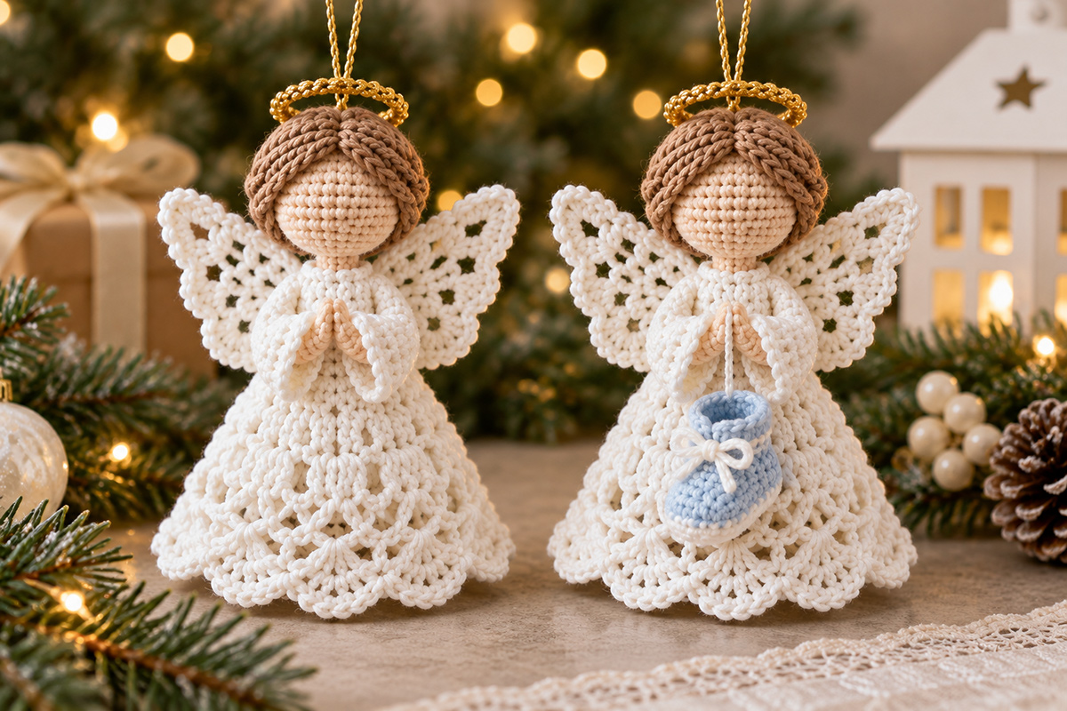 Finished handmade crochet angel Christmas ornament with decorative wings