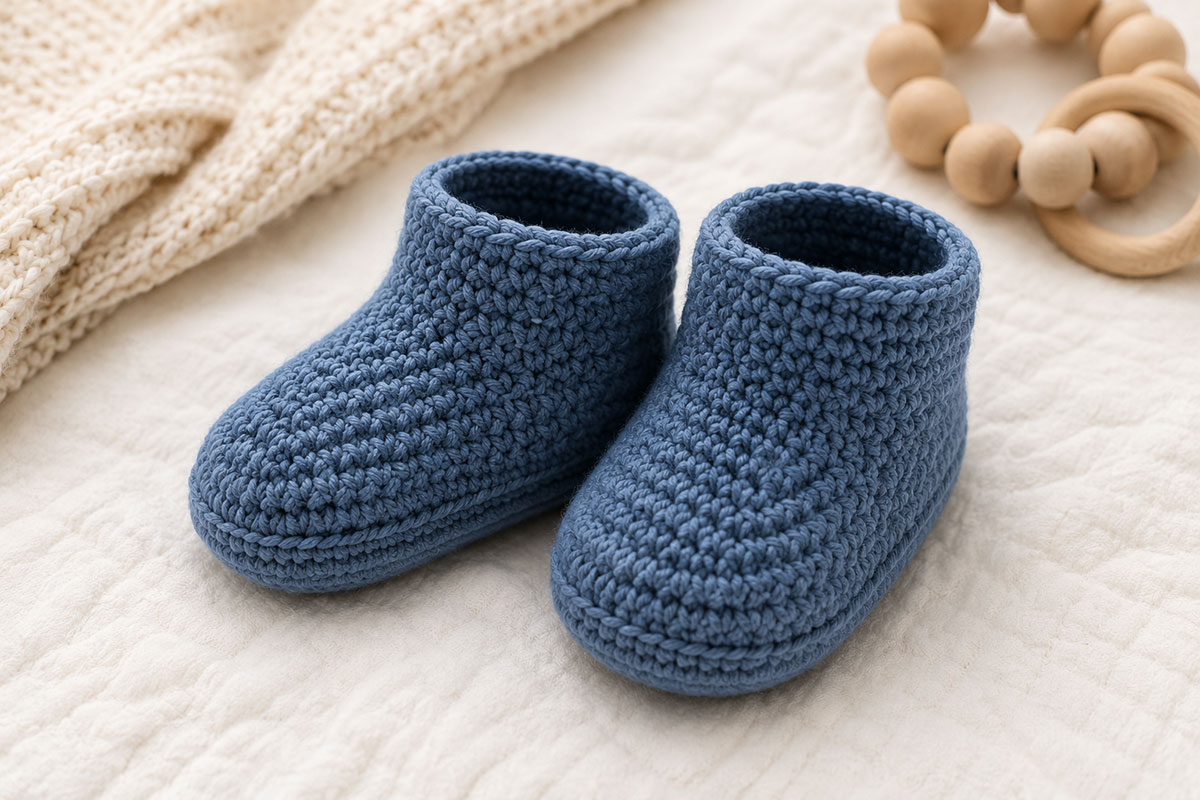 Pair of simple handmade crochet baby booties with rounded soles, closed toes and plain ankles