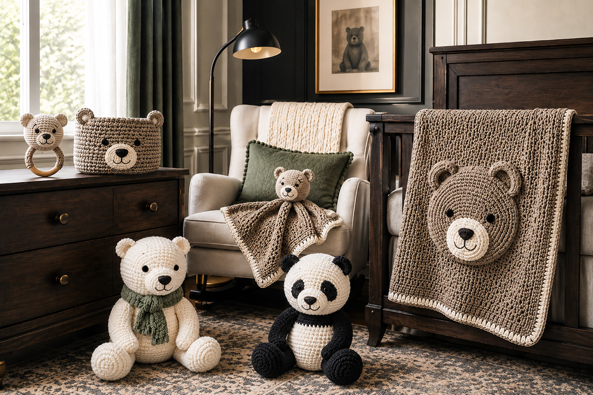 Collection of finished crochet bear patterns including a teddy bear lovey blanket rattle basket and polar bear