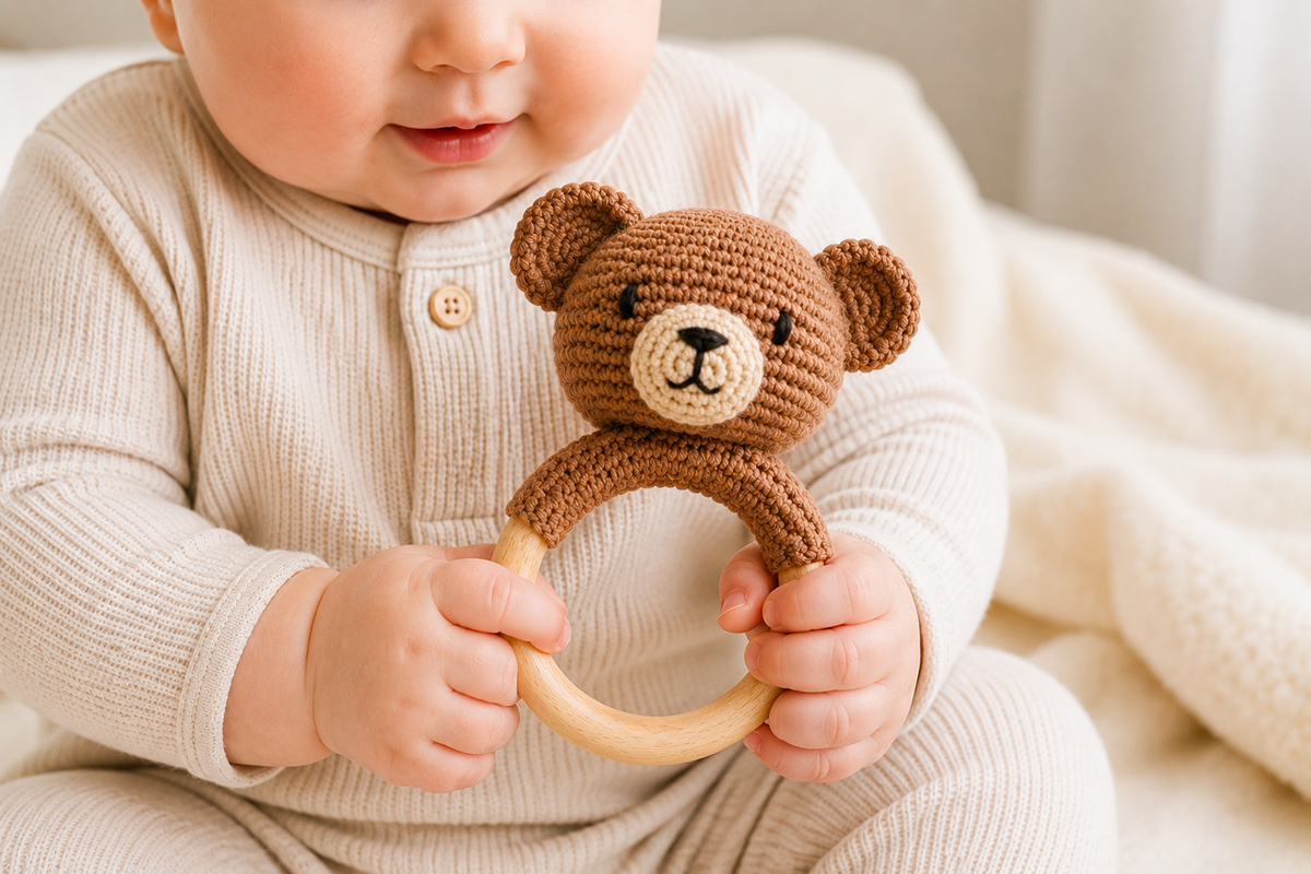 Finished crochet bear baby rattle with embroidered facial features and wooden ring