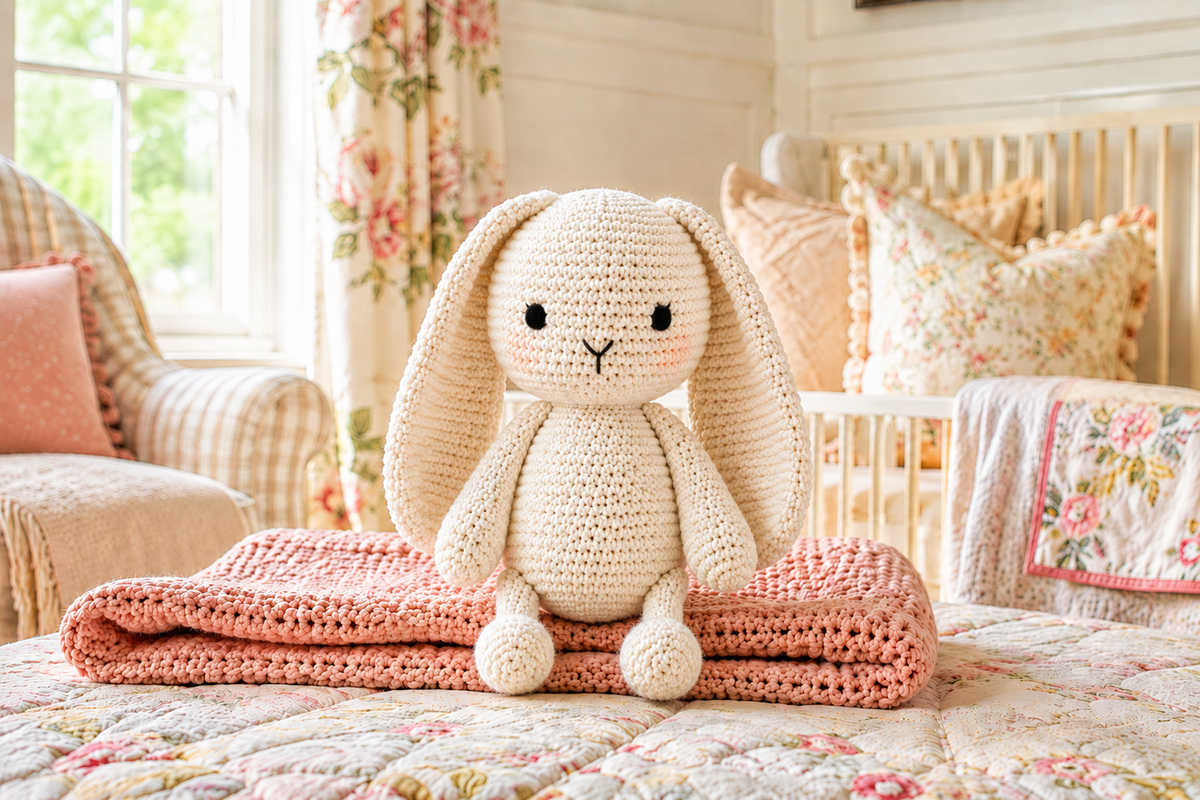 Finished crochet bunny with long floppy ears shaped feet and embroidered facial features