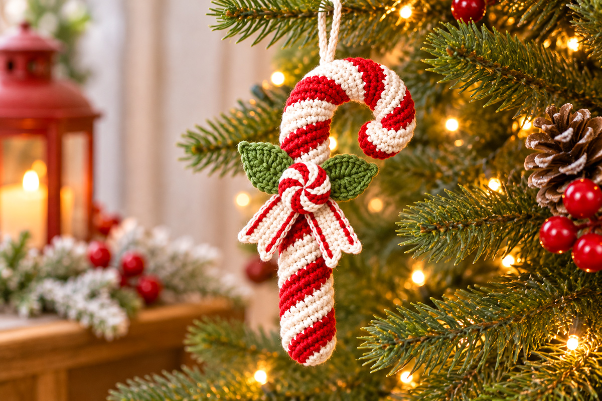 Free crochet candy cane ornament pattern showing a dimensional red-and-cream spiral striped candy cane with green crocheted leaves, a raised peppermint swirl centerpiece, decorative crochet ribbon tails and a cream hanging loop