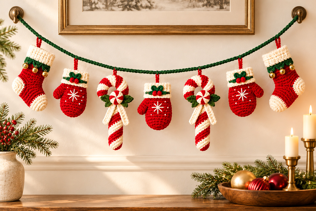Handmade Christmas crochet garland hanging on a cream wall above a wooden table, with two red stockings trimmed with ivory and gold bells, three red mittens with holly-decorated cuffs and embroidered white stars, and two striped peppermint candy canes suspended from an evergreen crochet cord