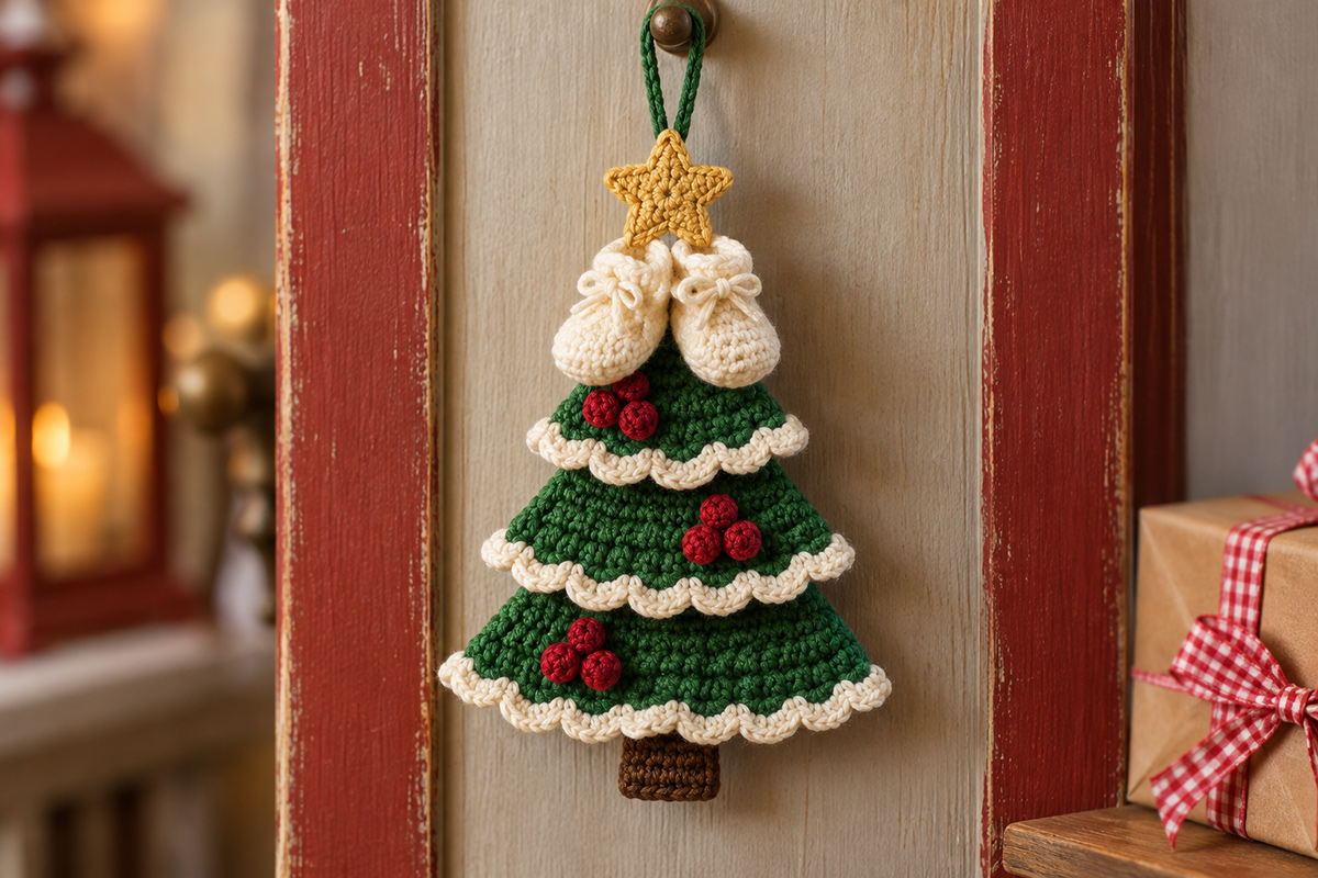 Handmade three-tier evergreen crochet Christmas tree ornament with ivory snowy edging red berry clusters gold star and two tiny ivory baby booties hanging beneath the star