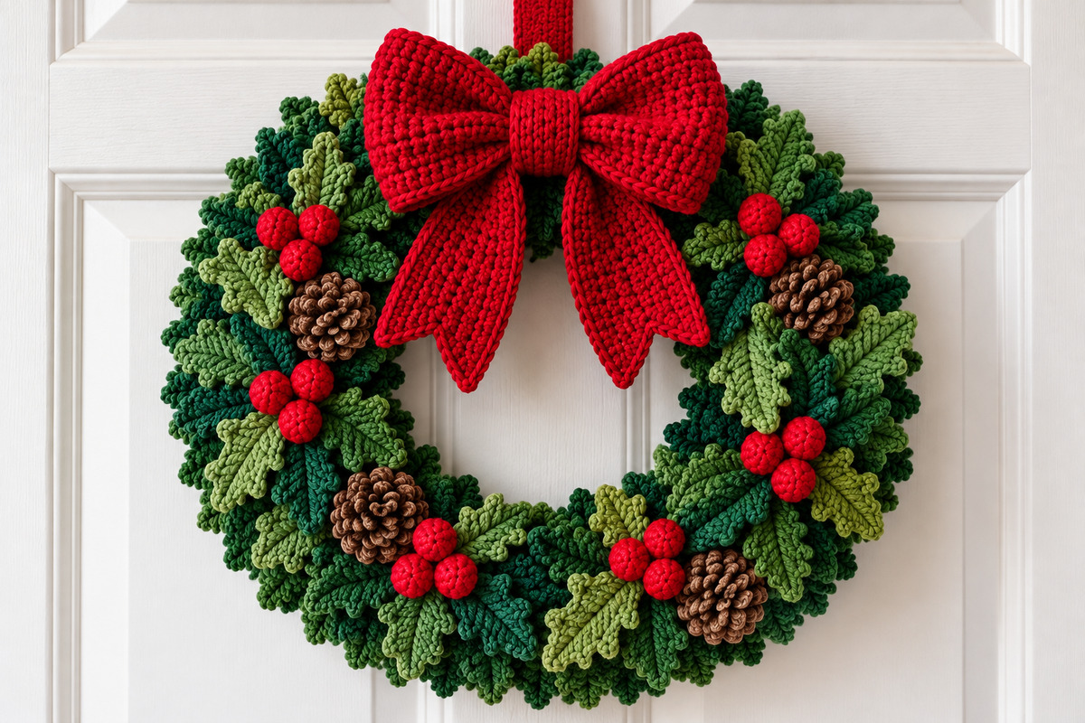 Finished crochet Christmas wreath with layered evergreen and sage green foliage, six red berry clusters, four brown crocheted pinecones and a large red bow hanging on a white paneled door