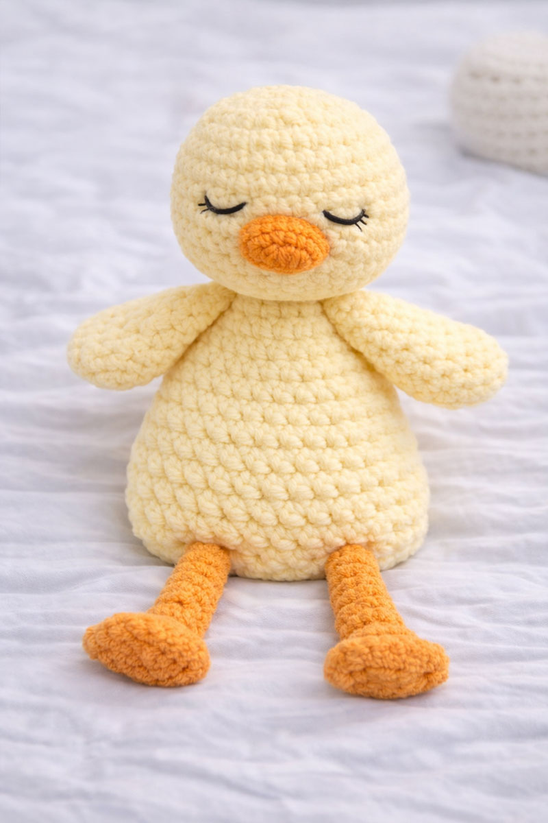 Soft crochet duck lovey snuggler designed for babies to hold and cuddle
