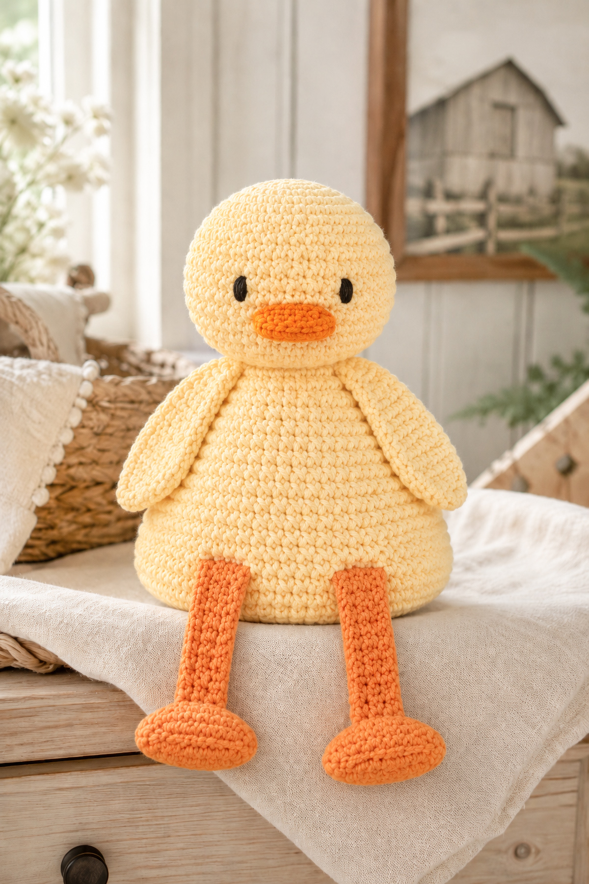 Soft crochet duck lovey snuggler designed for babies to hold and cuddle