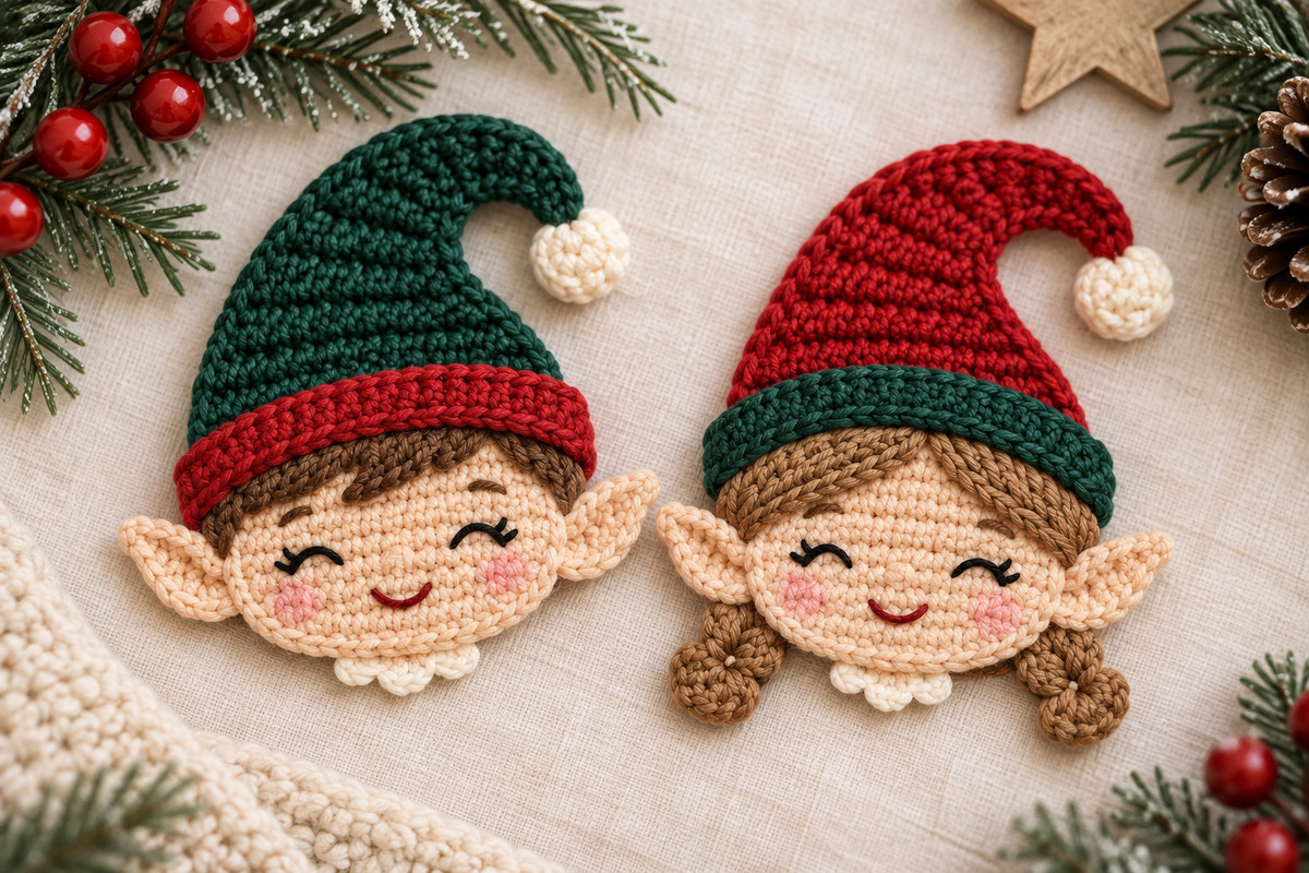 Matching boy and girl crochet Christmas elf face appliqués with green and red pointed hats embroidered smiles and pointed ears