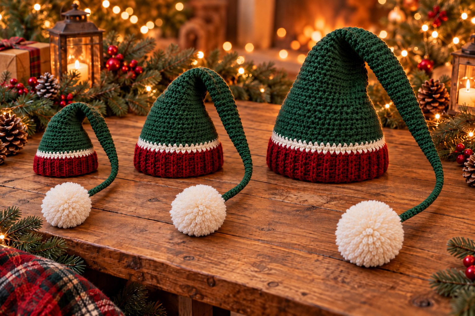 Three matching crochet elf hats for baby child and adult with long floppy green tails cranberry ribbed brims and oversized ivory pom-poms