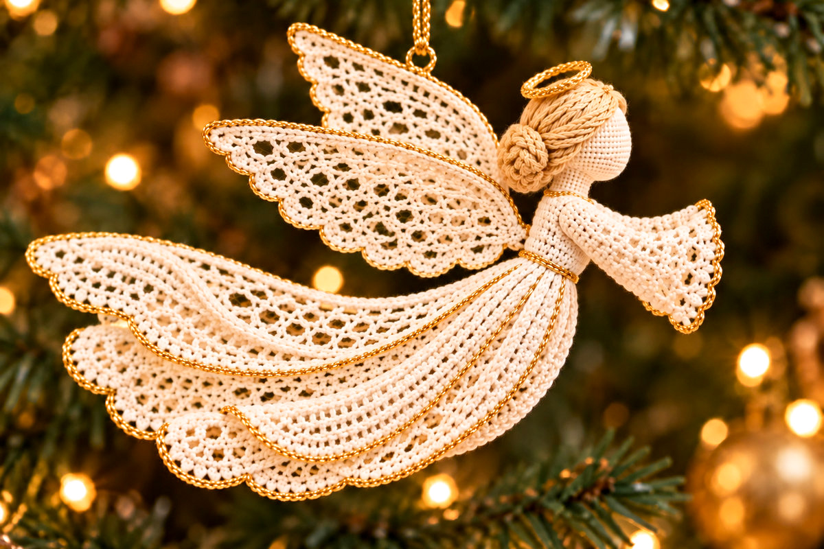 Ivory and gold crochet flying angel Christmas ornament with a graceful layered lace gown, swept-back wings, small halo resting on a blonde chignon and scalloped bell sleeves