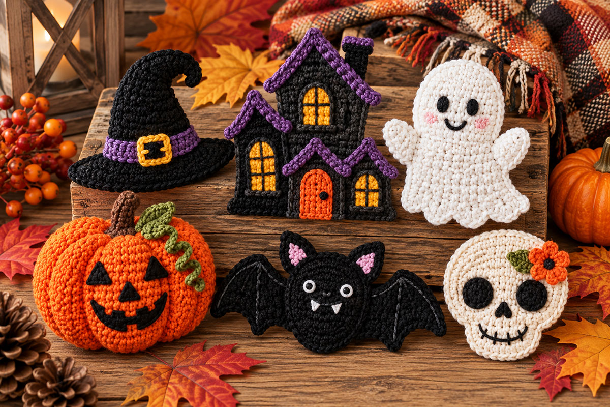 Crochet Halloween appliques including haunted house bat ghost pumpkin and skull