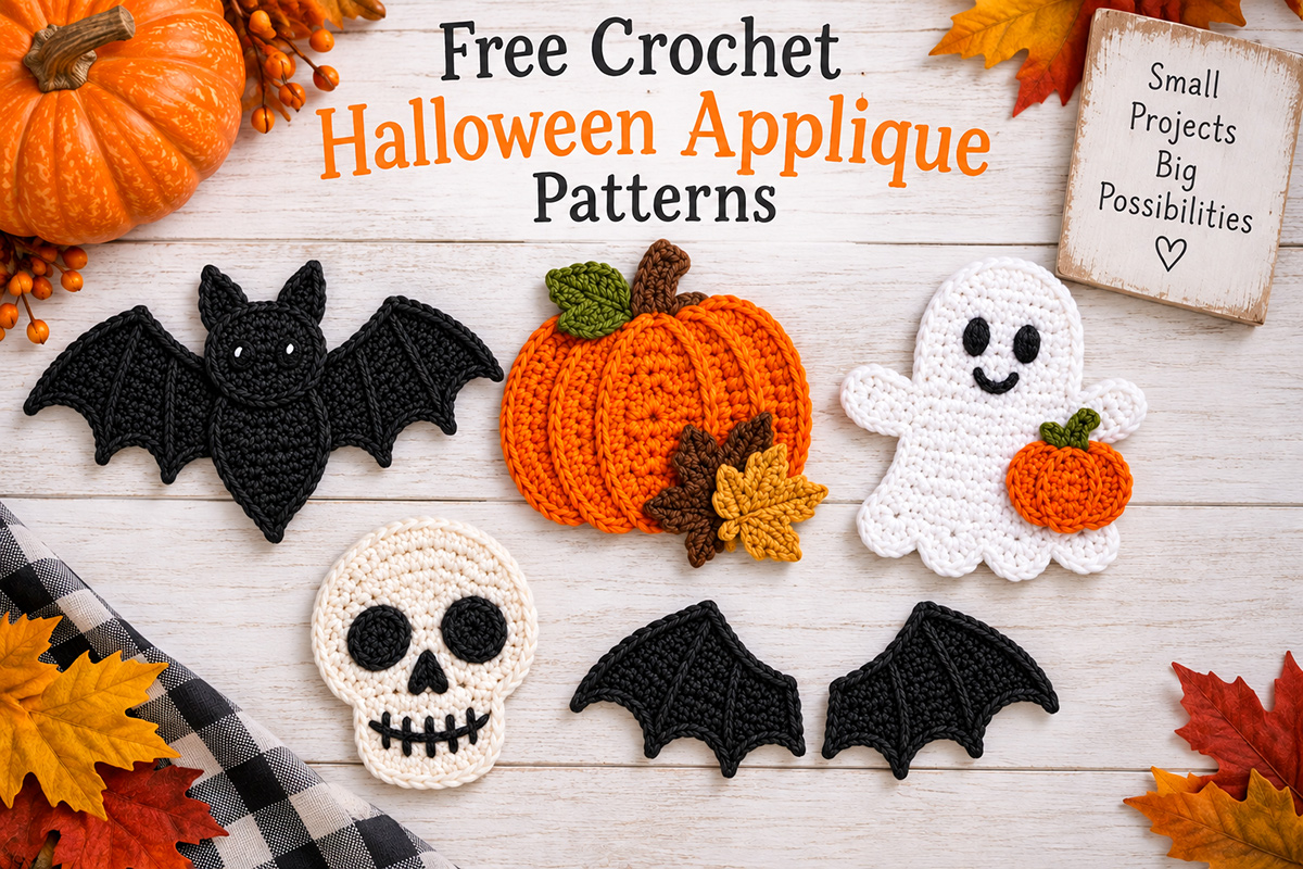 Collection of finished crochet Halloween appliques including a bat, ghost, skull, pumpkin and bat wings