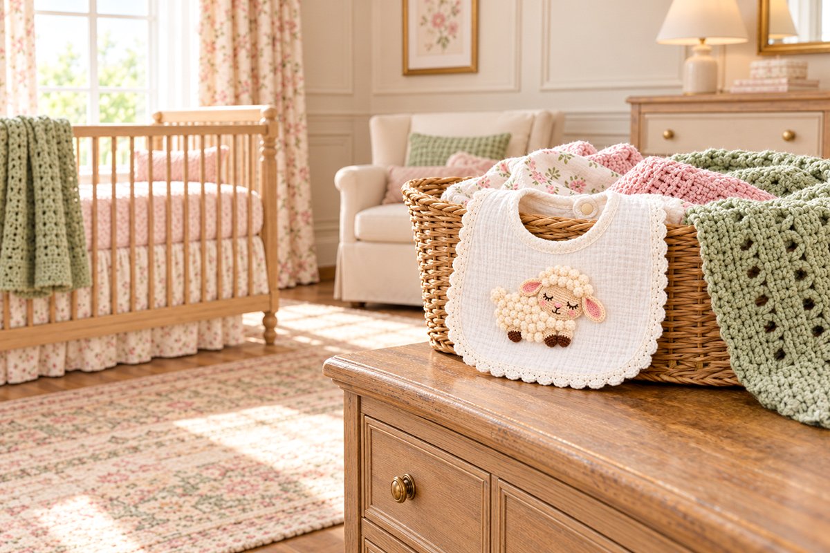 Small ivory bobble stitch crochet lamb applique with embroidered sleepy face pink-lined ears curled tail and three tucked brown hooves sewn to a white baby bib in a softly lit nursery