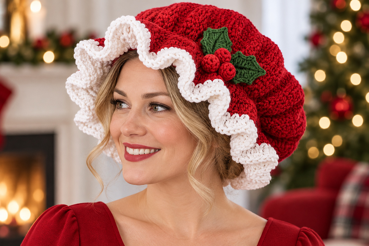 Finished crochet Mrs Claus hat with full red crown deep white ruffle and crochet holly accent