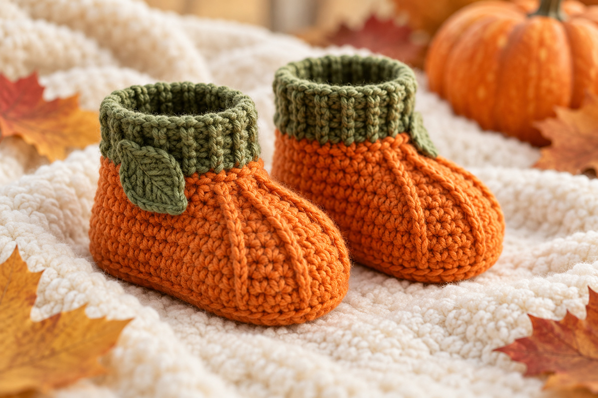 Finished orange crochet pumpkin baby booties with elongated soles rounded toes raised pumpkin ribs short green cuffs and small green leaves at the ankles