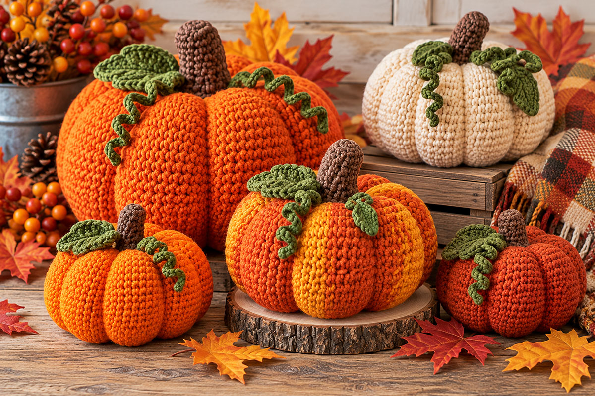 Finished crochet pumpkins in fall colors for a free crochet pumpkin pattern