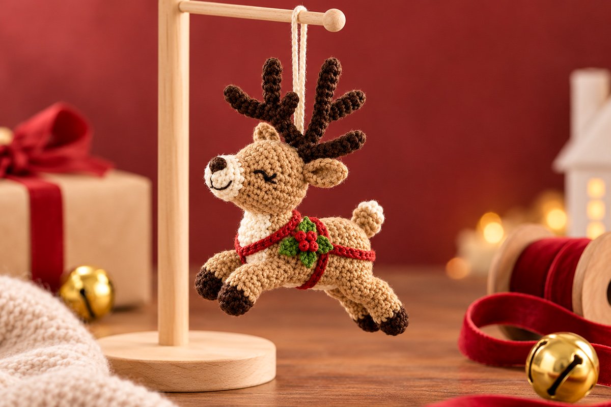 Flying tan crochet reindeer Christmas ornament with branching brown antlers embroidered eyes cream muzzle dark hooves red harness and crocheted holly leaves with three red yarn berries