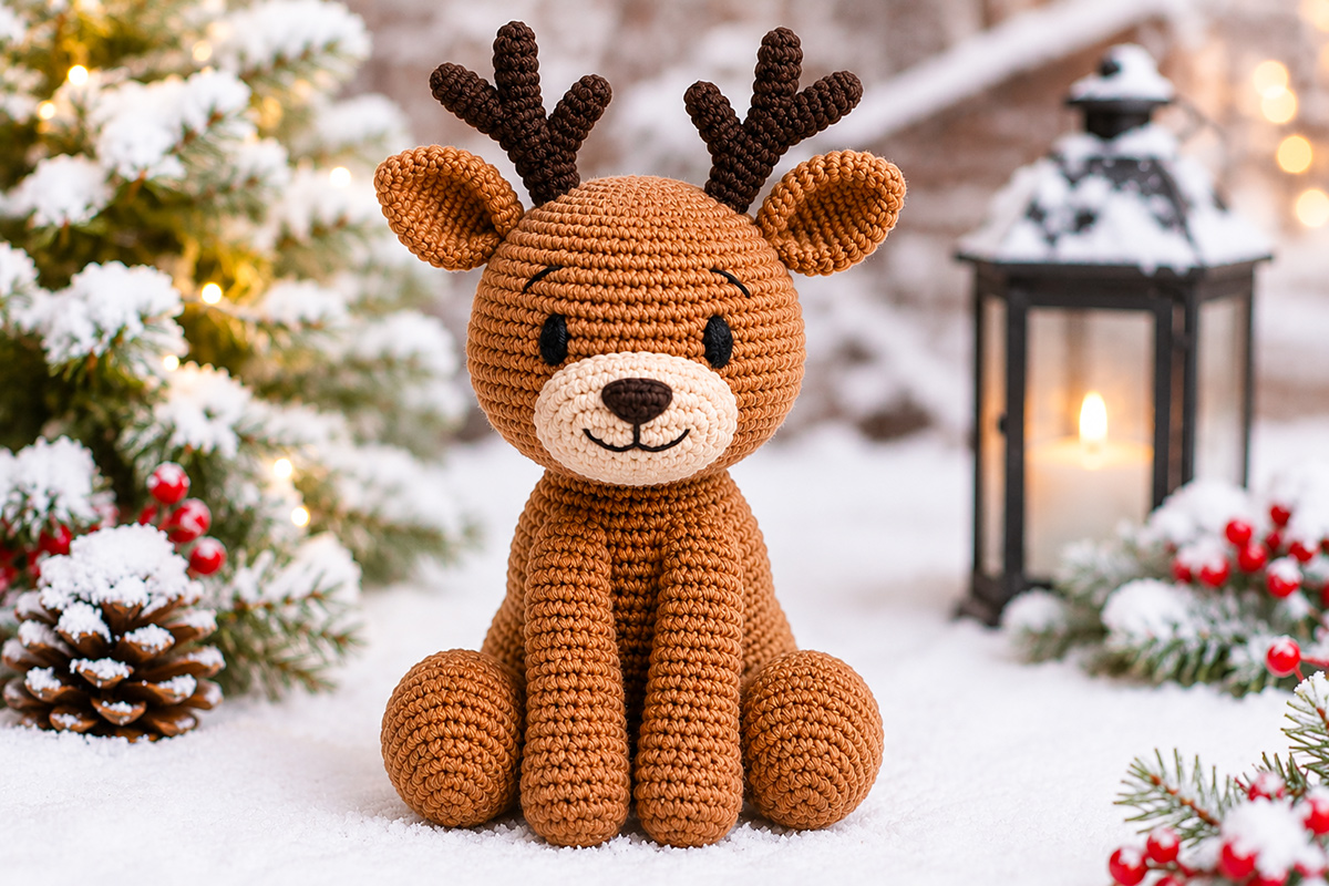 Finished brown crochet reindeer with crocheted antlers for a Christmas crochet project