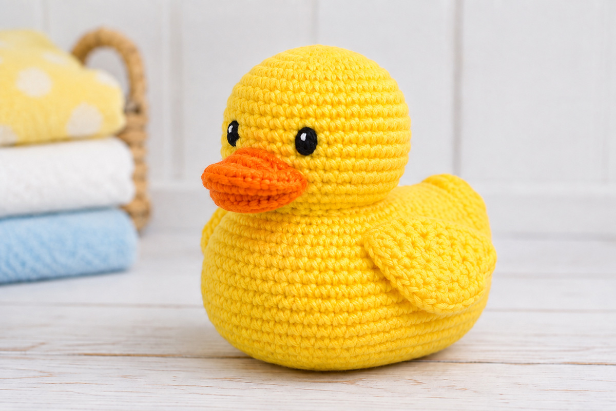 Finished bright yellow crochet rubber duck with a rounded body, orange bill, small wings and embroidered black eyes