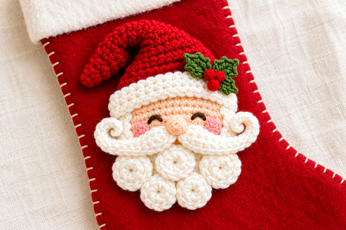Crocheted Santa face applique sewn onto a red Christmas stocking with embroidered closed eyes a curled handlebar mustache five white spiral beard rosettes rosy cheeks and a red holly-trimmed hat without a bell or hanging loop