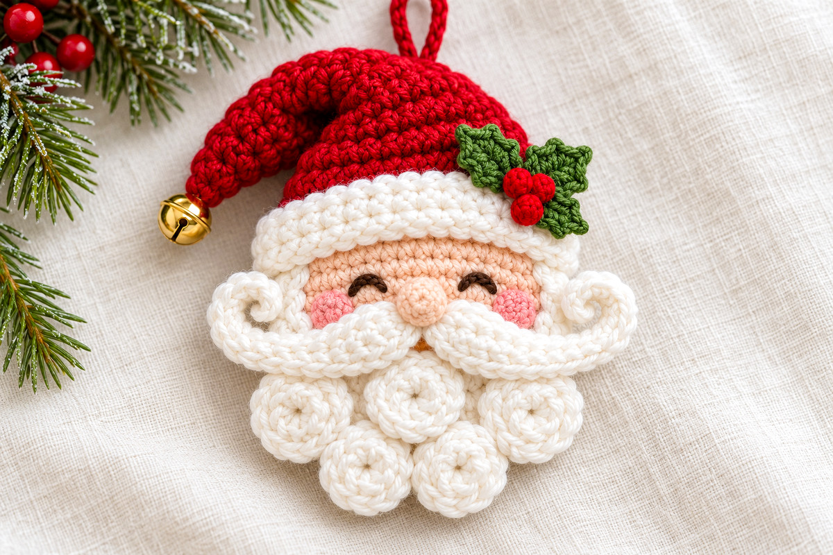 Handmade crochet Santa face ornament with embroidered eyes a curled white handlebar mustache five spiral beard curls rosy cheeks and a floppy red hat decorated with holly and a gold bell