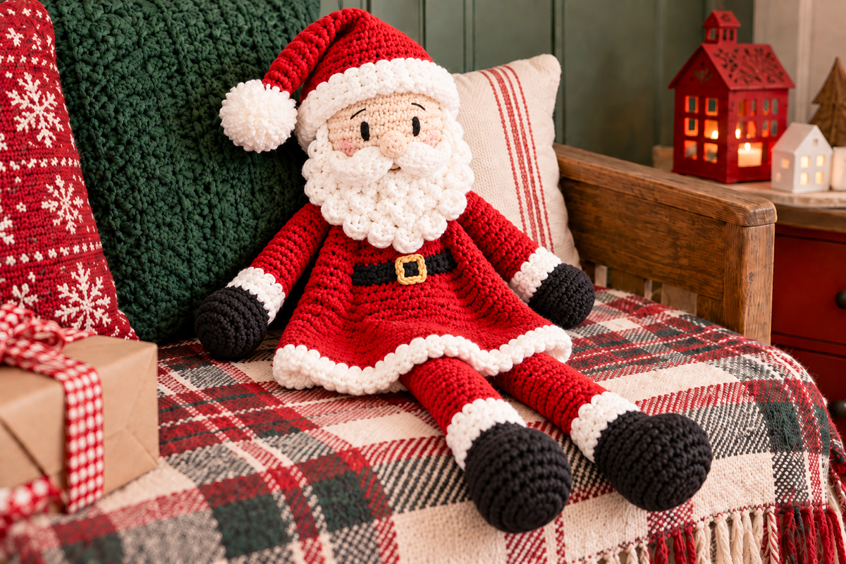 Finished crochet Santa lovey with red tunic white beard long soft legs black boots and Santa hat