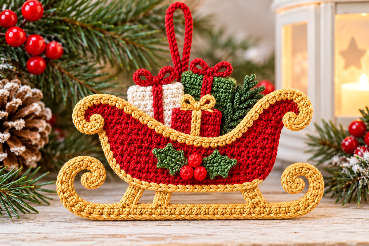 Red crochet Santa sleigh Christmas ornament with curved gold runners three wrapped presents miniature holly leaves and berries and red hanging loop