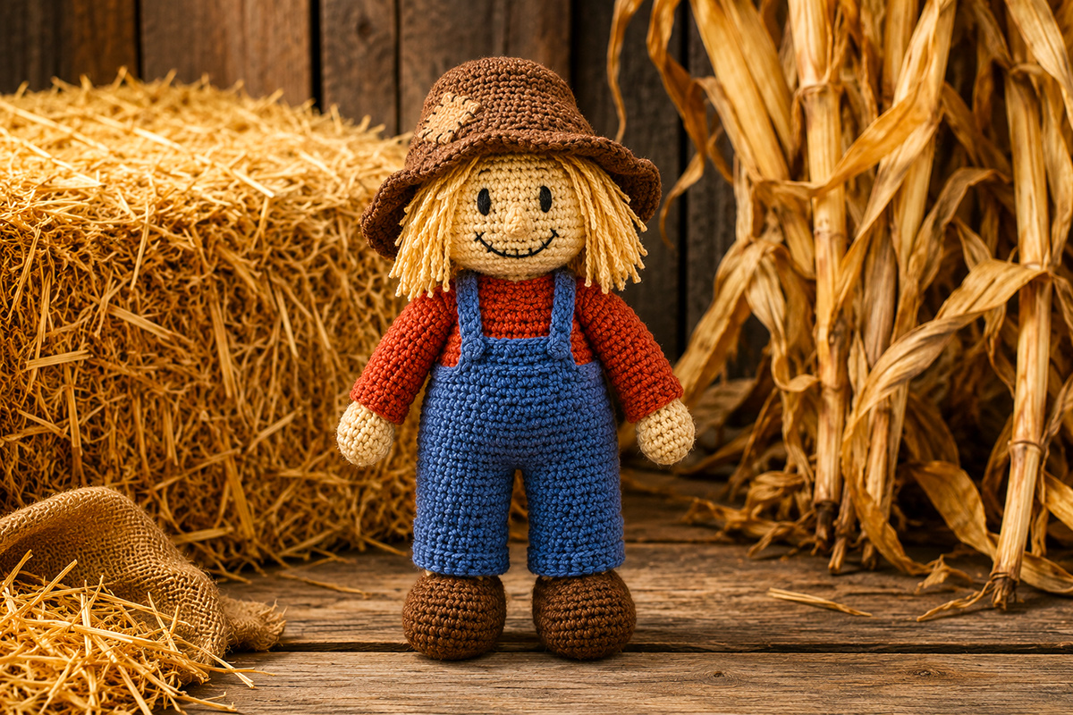 Finished crochet scarecrow with patched floppy hat straw-colored yarn hair overalls embroidered face and brown boots for the free crochet scarecrow pattern