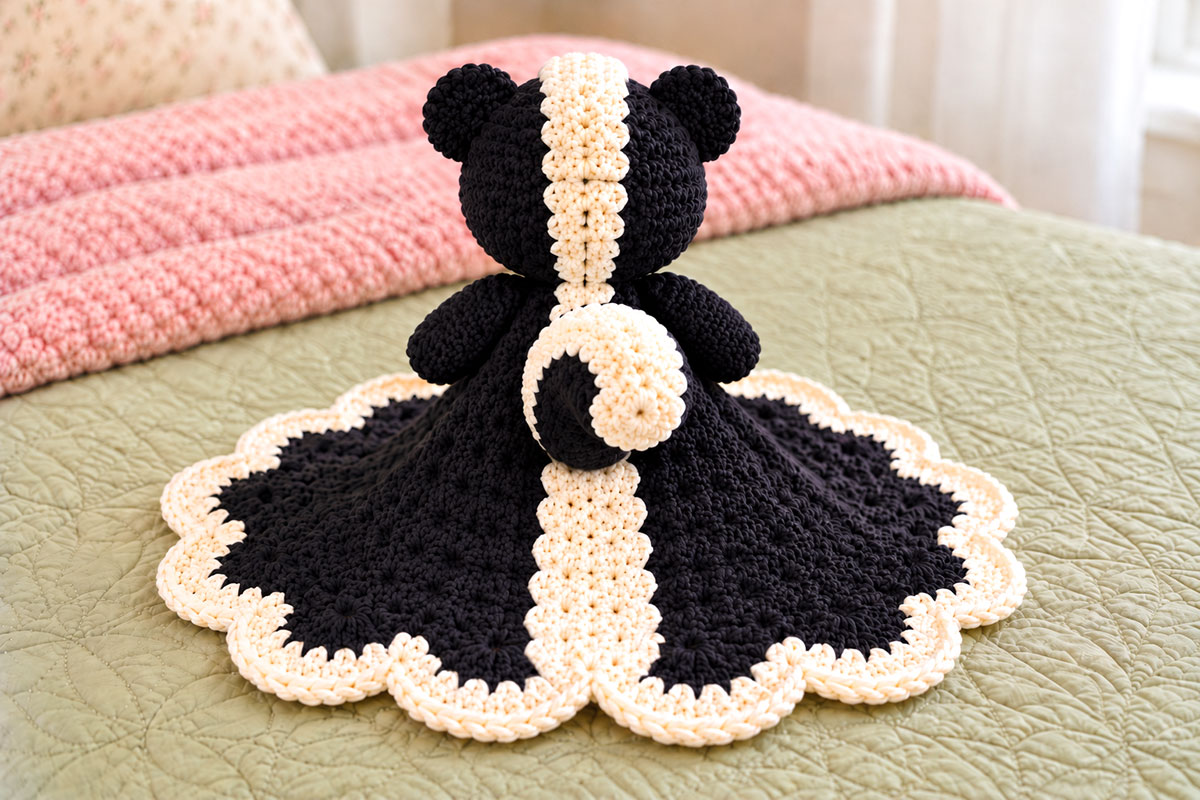 Back view of crochet skunk lovey showing ivory stripe down black scalloped blanket and a long curved black tail with substantial cream stripe