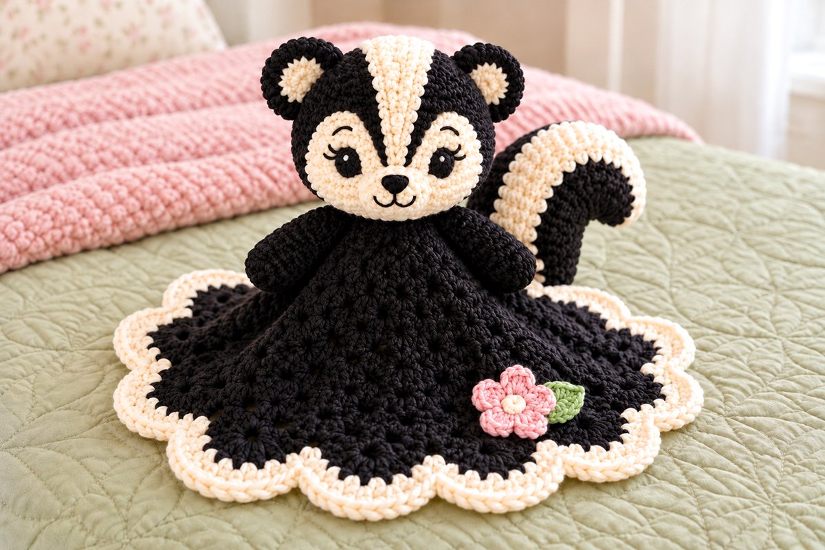 Free crochet skunk lovey pattern showing black scalloped blanket with ivory edging open embroidered eyes pink flower and long curved striped skunk tail