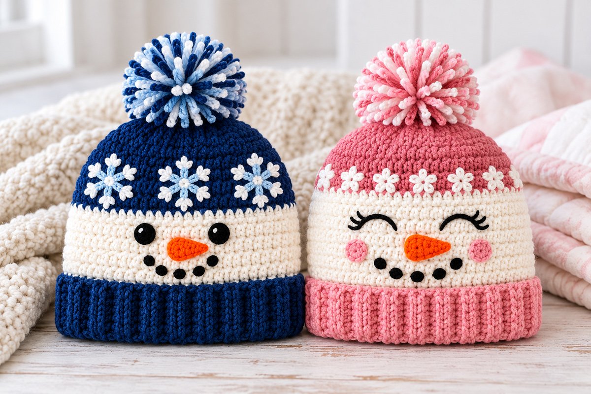 Free crochet snowman hat pattern for babies with an embroidered snowman face, carrot-orange nose and winter colors