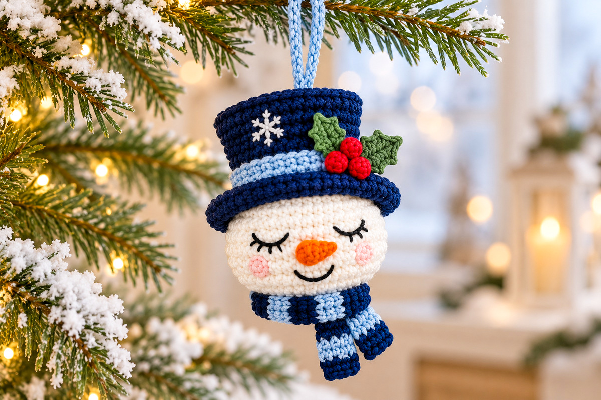 Finished crochet snowman Christmas ornament hanging from a snowy evergreen branch with navy top hat icy-blue hatband holly leaves three red berries embroidered sleepy eyes carrot nose and navy icy-blue striped scarf