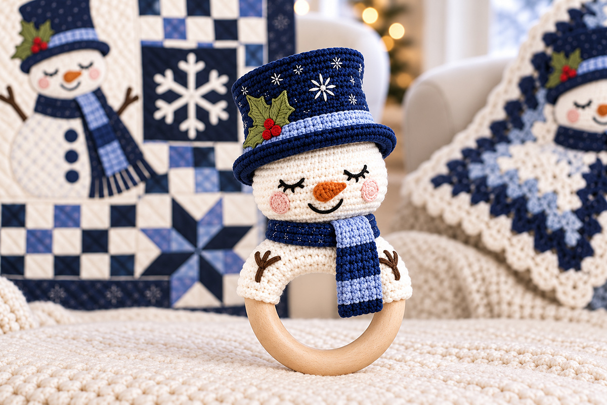 Handmade crochet snowman baby rattle with navy snowflake top hat flat embroidered holly blue winter scarf sleepy embroidered eyes and exposed natural wooden ring handle