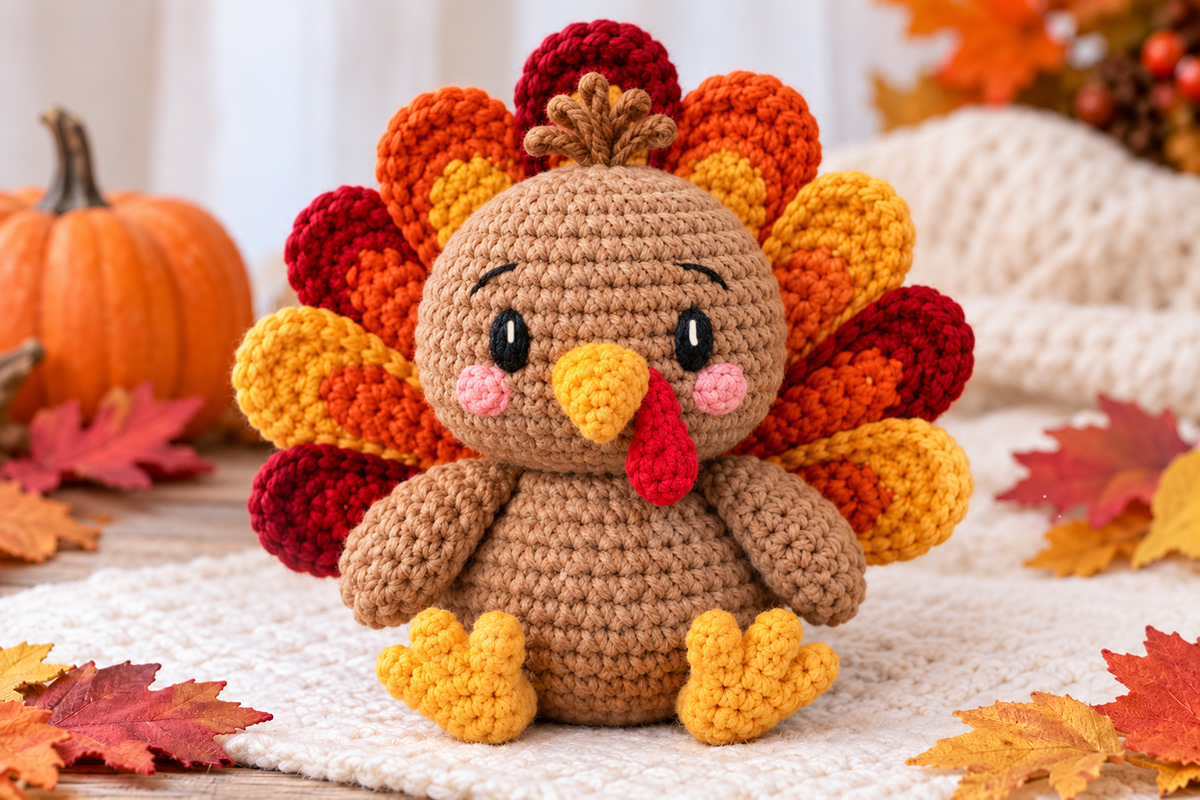 Finished mini crochet turkey amigurumi for Thanksgiving