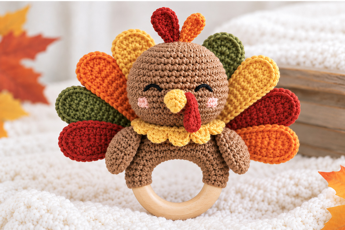 Finished crochet turkey baby rattle for Thanksgiving