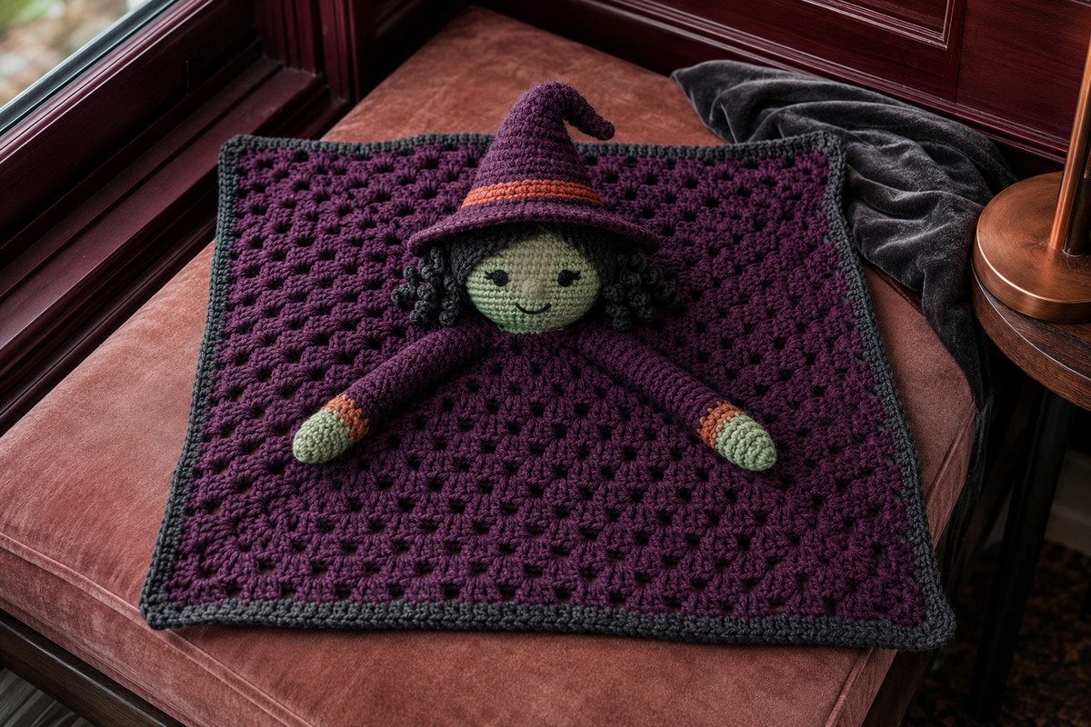 Crochet witch lovey with a green embroidered face and removable pointed hat