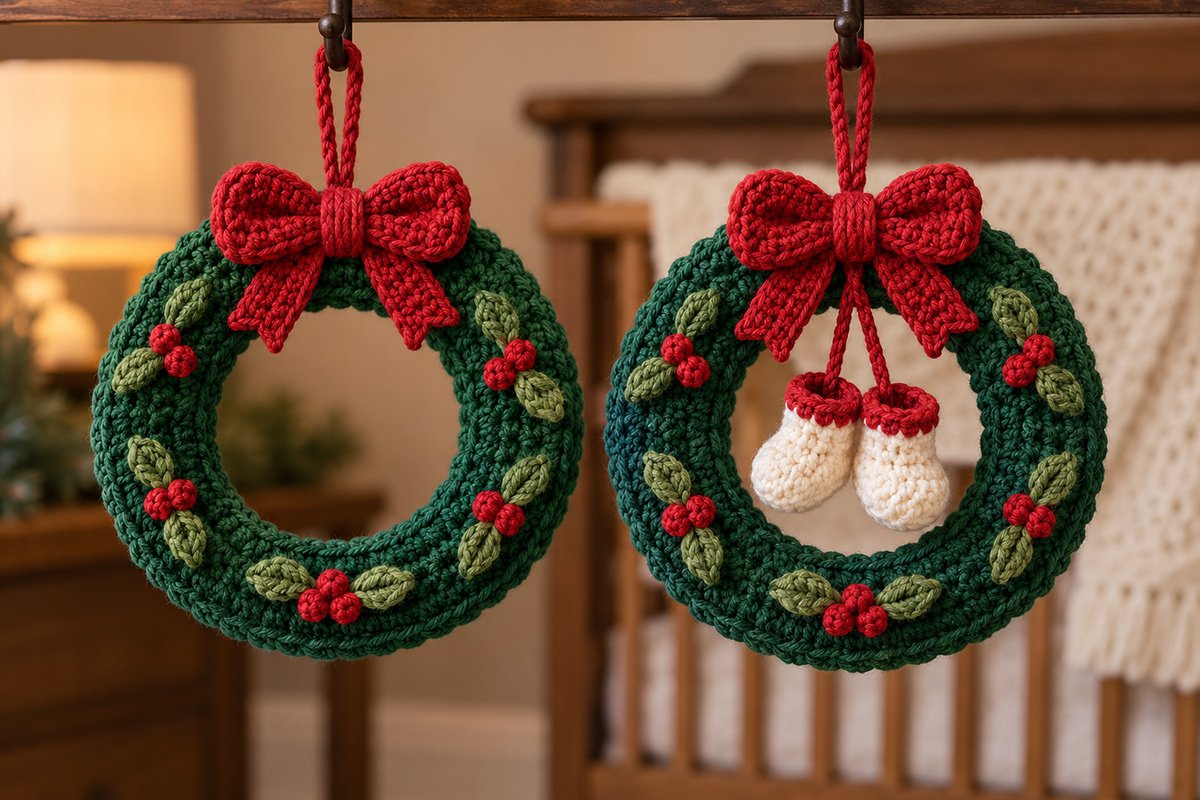 Two handmade crochet Christmas wreath ornaments, one classic evergreen wreath with a cranberry bow and one baby's first Christmas wreath with miniature crocheted baby booties hanging in the center