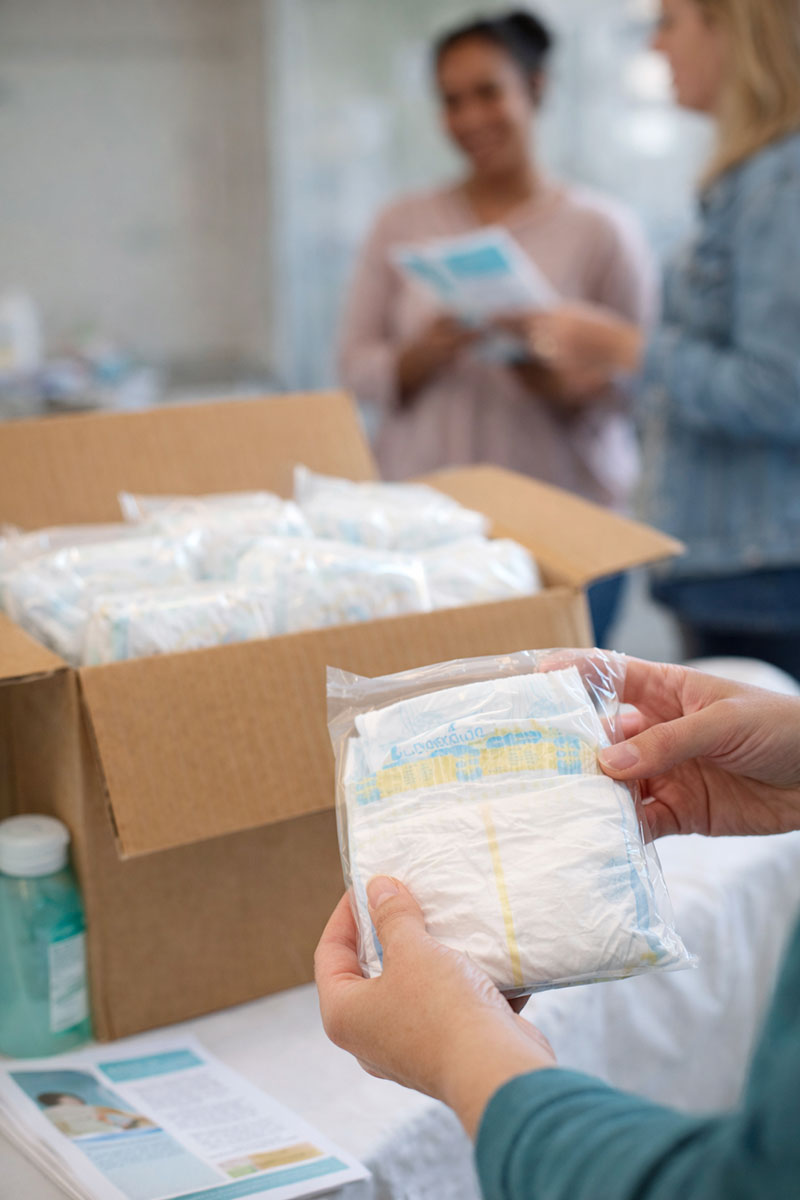 Diaper samples distributed through hospital and healthcare family support programs
