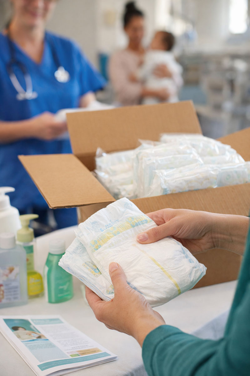 Free diaper samples provided through hospitals and community family support programs